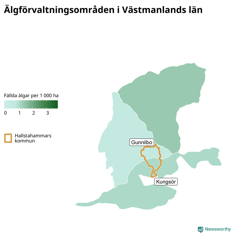 Fällda älgar per 1&nbsp;000 hektar Västmanlands län