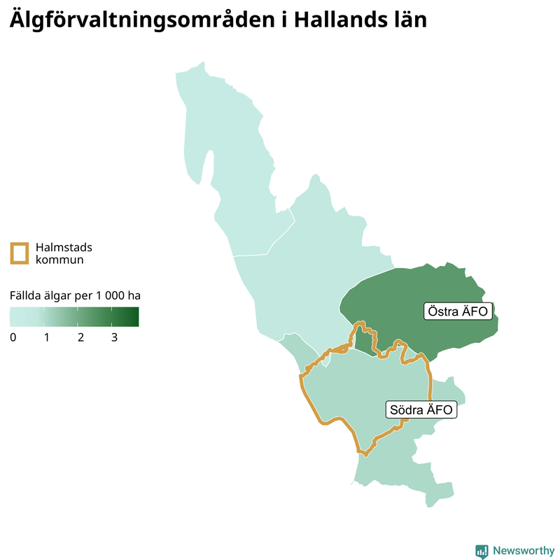 Fällda älgar per 1&nbsp;000 hektar Hallands län