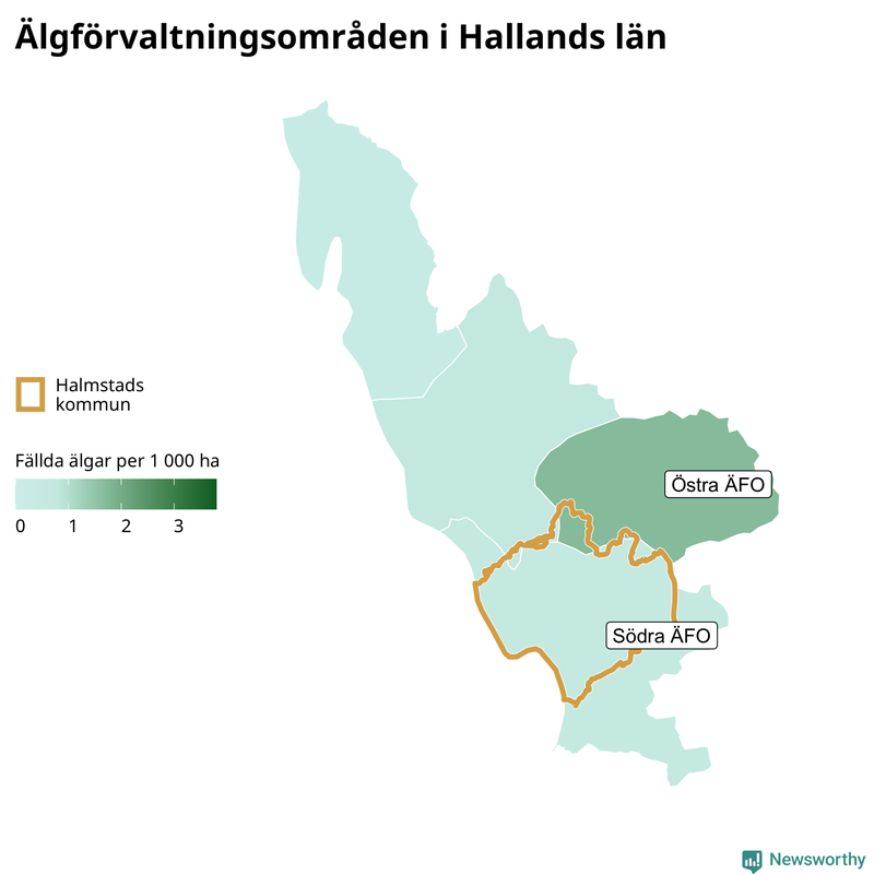 Fällda älgar per 1&nbsp;000 hektar Hallands län