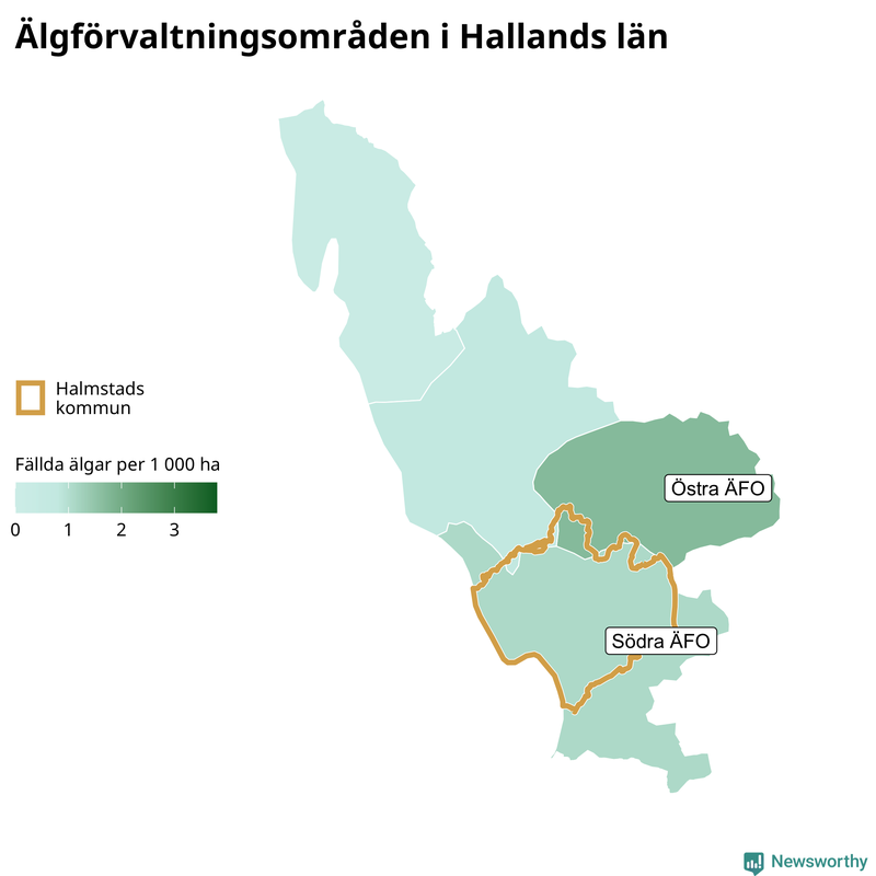 Fällda älgar per 1 000 hektar Hallands län