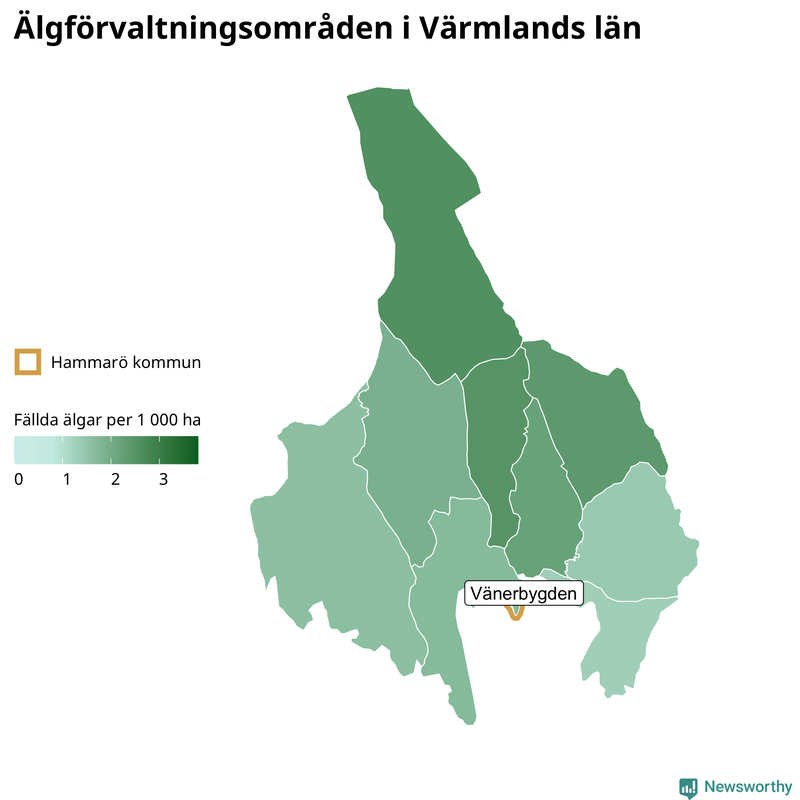 Fällda älgar per 1&nbsp;000 hektar Värmlands län