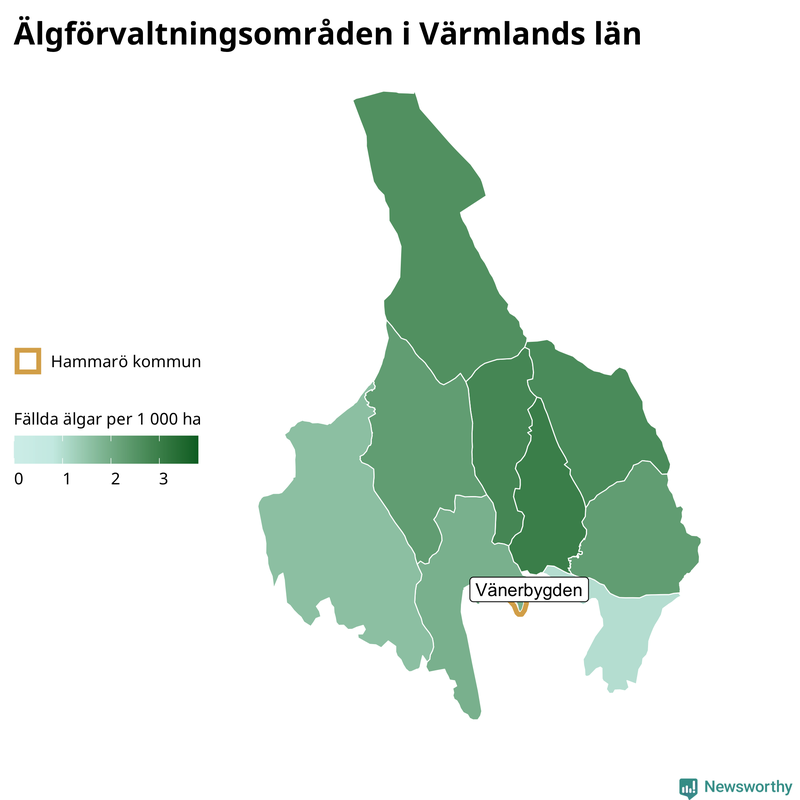 Fällda älgar per 1&nbsp;000 hektar Värmlands län