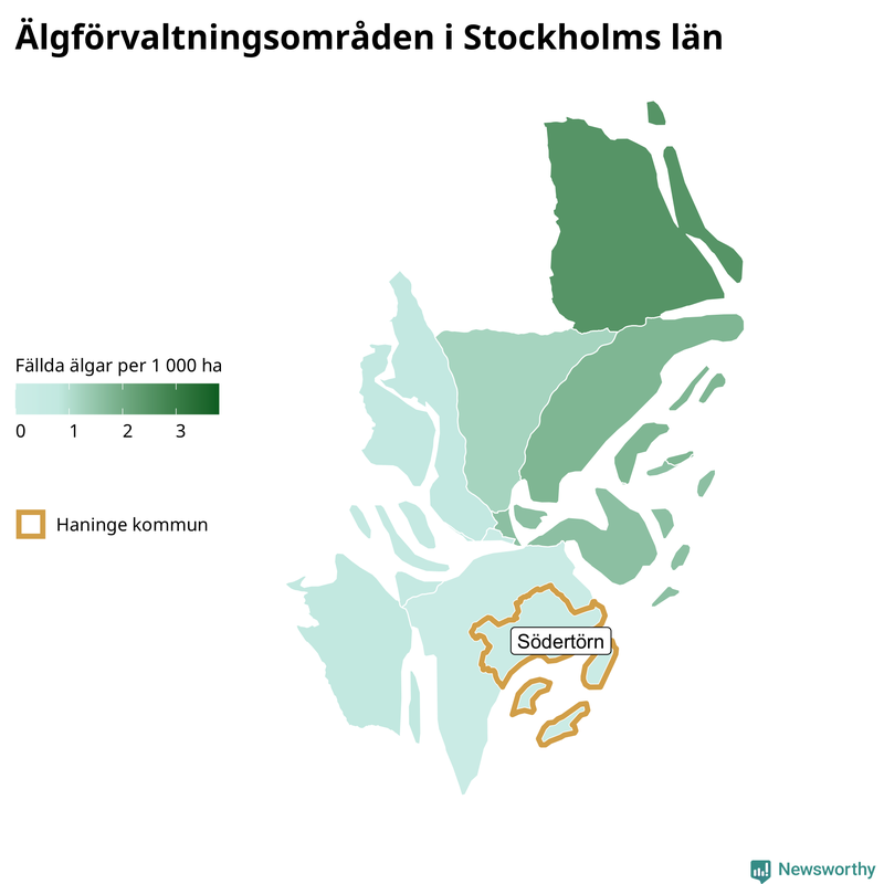 Fällda älgar per 1&nbsp;000 hektar Stockholms län