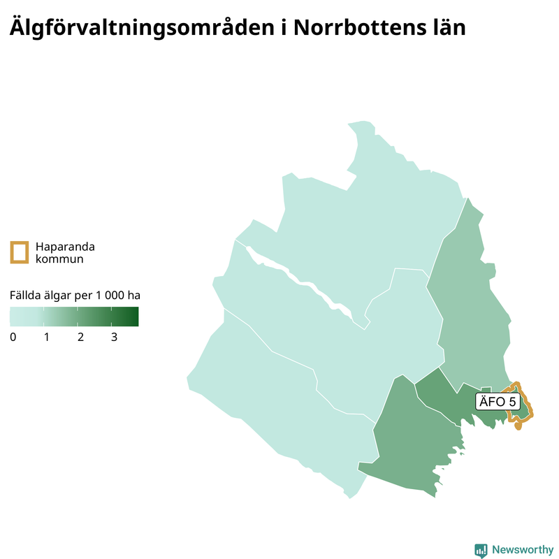 Fällda älgar per 1&nbsp;000 hektar Norrbottens län