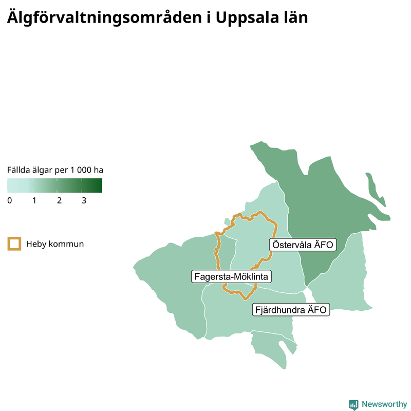 Fällda älgar per 1&nbsp;000 hektar Uppsala län