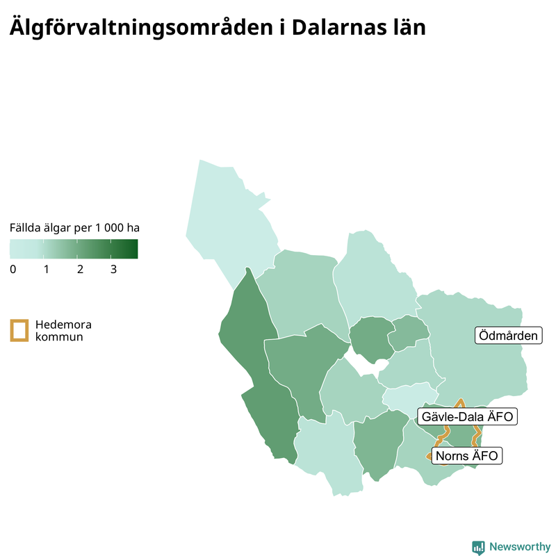 Fällda älgar per 1 000 hektar Dalarnas län