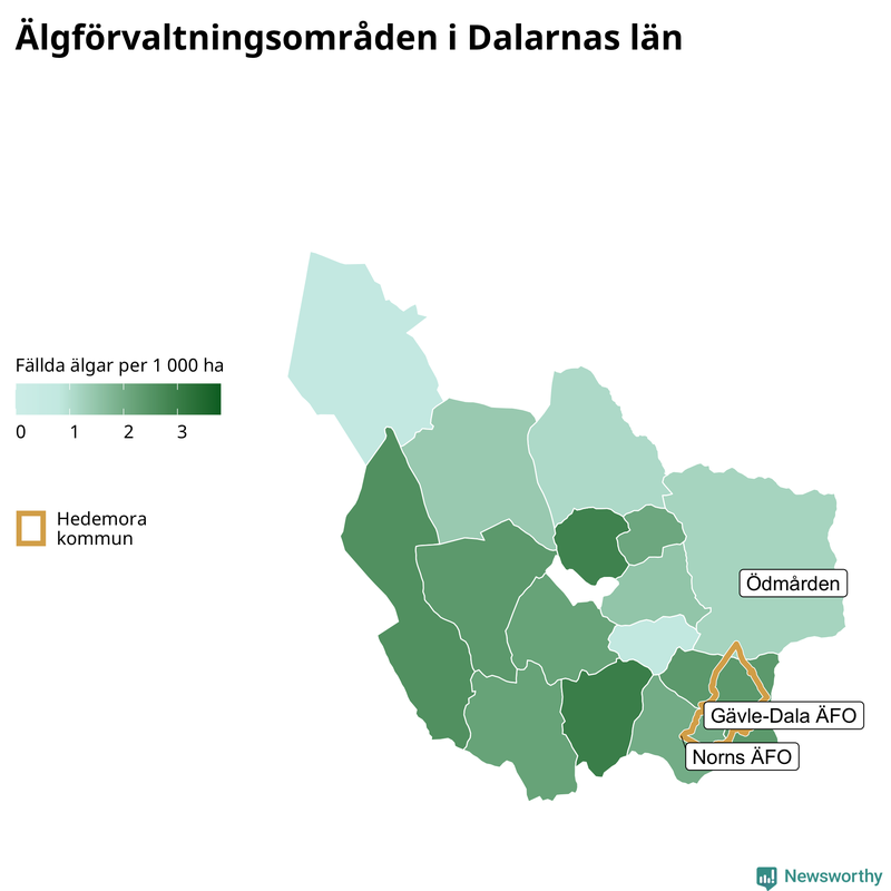 Fällda älgar per 1&nbsp;000 hektar Dalarnas län