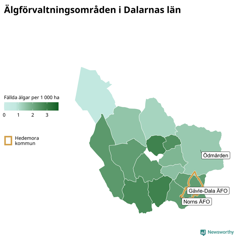 Fällda älgar per 1 000 hektar Dalarnas län