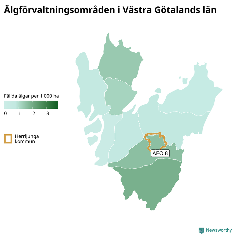 Fällda älgar per 1&nbsp;000 hektar Västra Götalands län
