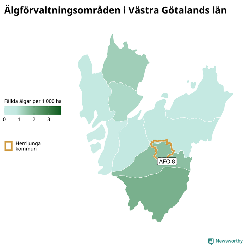 Fällda älgar per 1 000 hektar Västra Götalands län