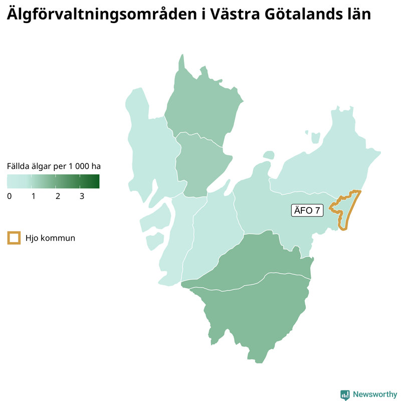 Fällda älgar per 1&nbsp;000 hektar Västra Götalands län