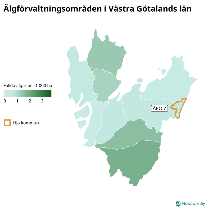 Fällda älgar per 1&nbsp;000 hektar Västra Götalands län