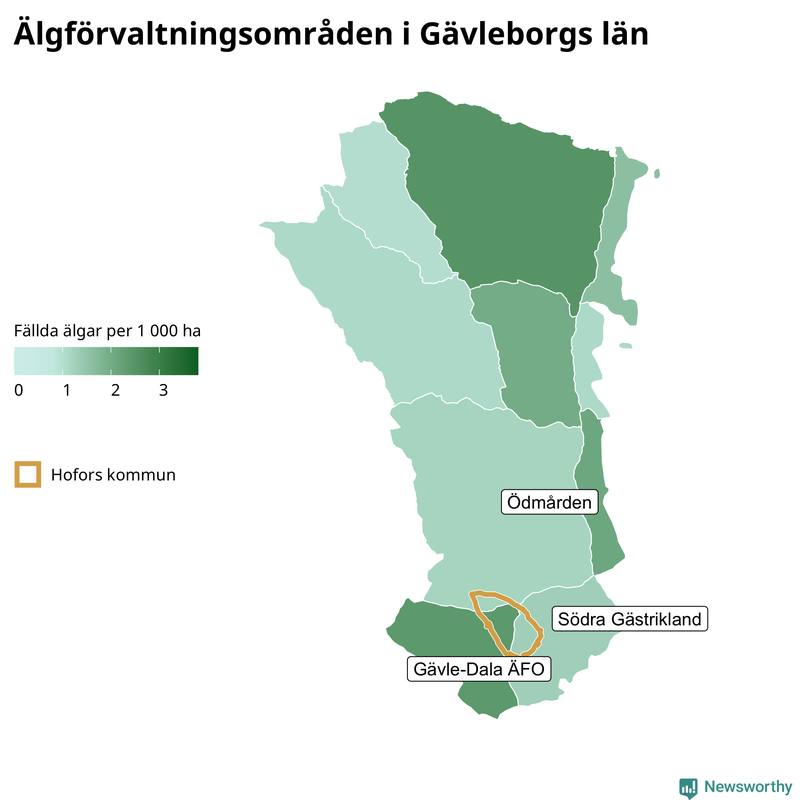 Fällda älgar per 1&nbsp;000 hektar Gävleborgs län