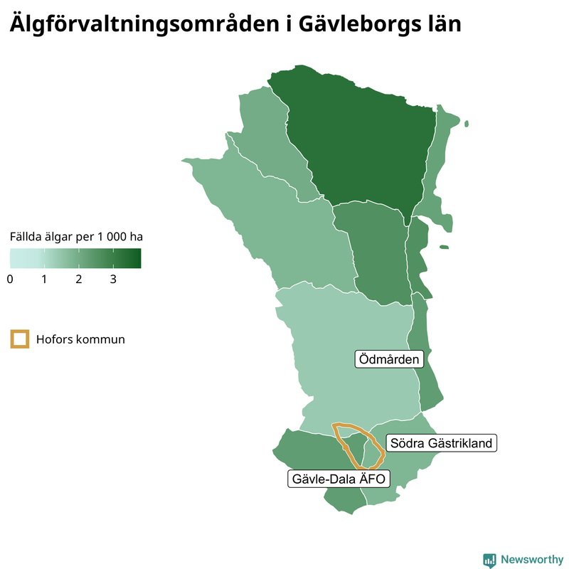 Fällda älgar per 1 000 hektar Gävleborgs län