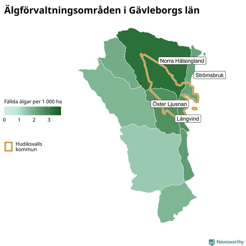 Fällda älgar per 1 000 hektar Gävleborgs län