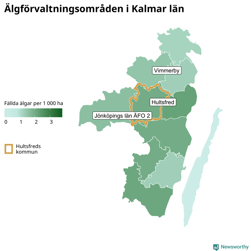 Fällda älgar per 1&nbsp;000 hektar Kalmar län