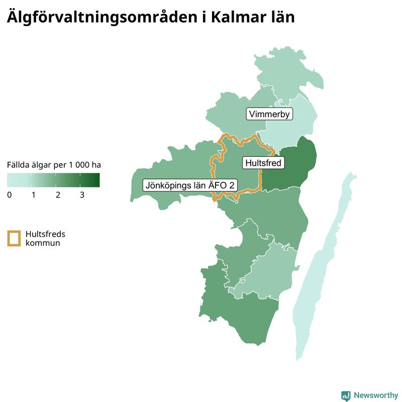 Fällda älgar per 1&nbsp;000 hektar Kalmar län