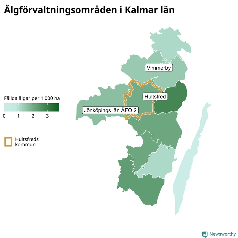 Fällda älgar per 1&nbsp;000 hektar Kalmar län