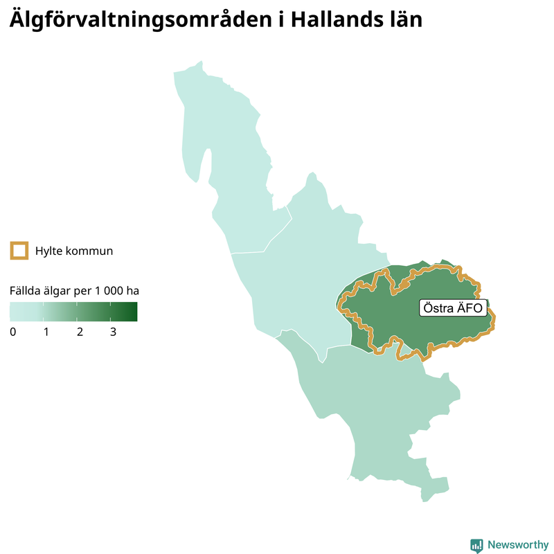 Fällda älgar per 1&nbsp;000 hektar Hallands län