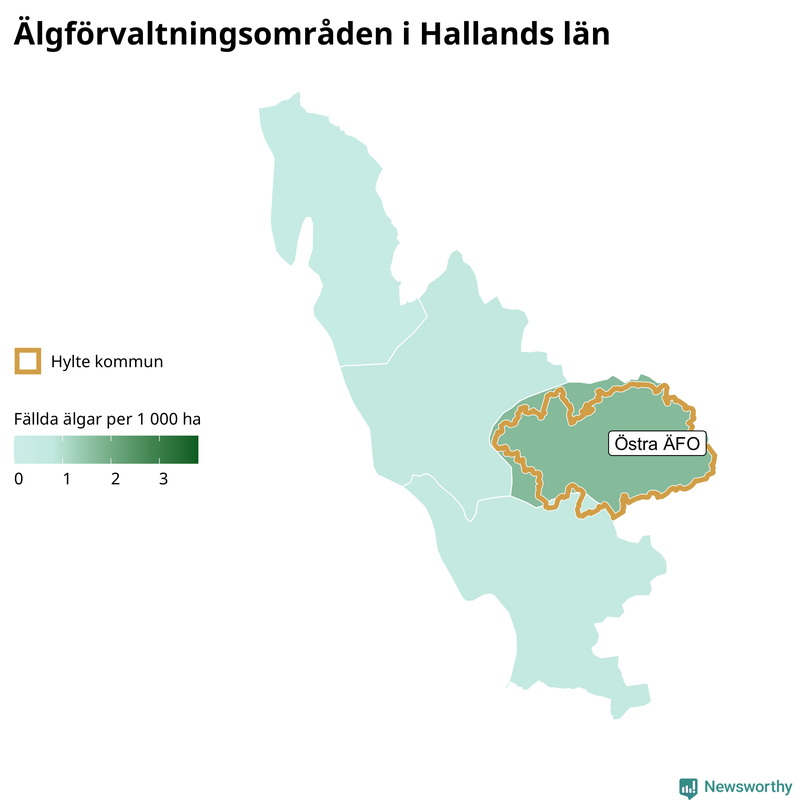 Fällda älgar per 1&nbsp;000 hektar Hallands län