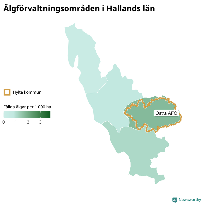 Fällda älgar per 1 000 hektar Hallands län