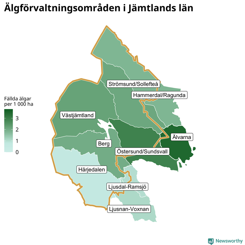Fällda älgar per 1&nbsp;000 hektar Jämtlands län