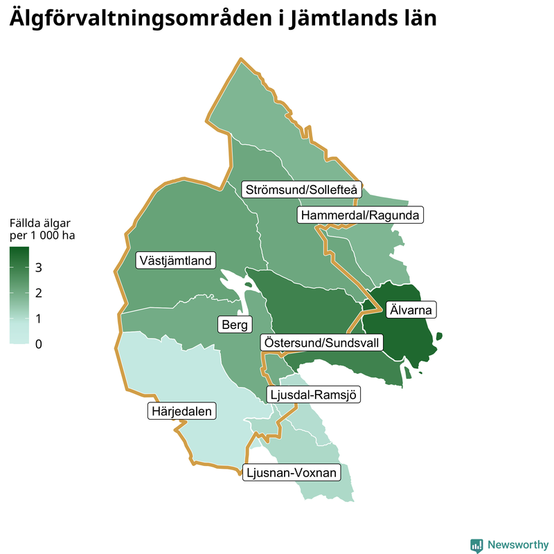 Fällda älgar per 1 000 hektar Jämtlands län
