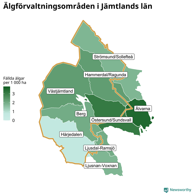 Fällda älgar per 1 000 hektar Jämtlands län