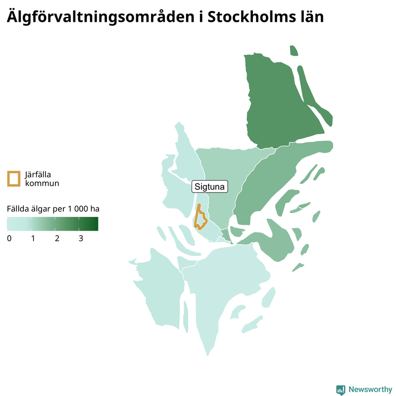Fällda älgar per 1&nbsp;000 hektar Stockholms län