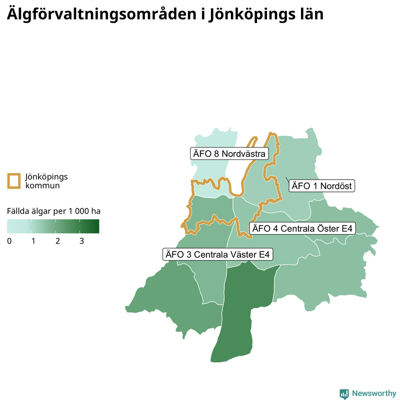 Fällda älgar per 1 000 hektar Jönköpings län