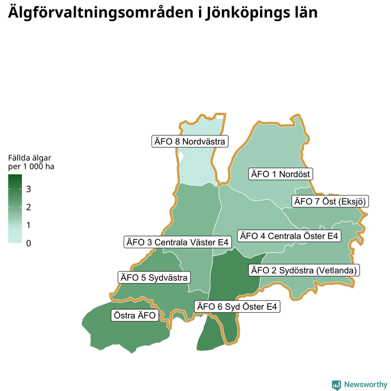 Fällda älgar per 1 000 hektar Jönköpings län