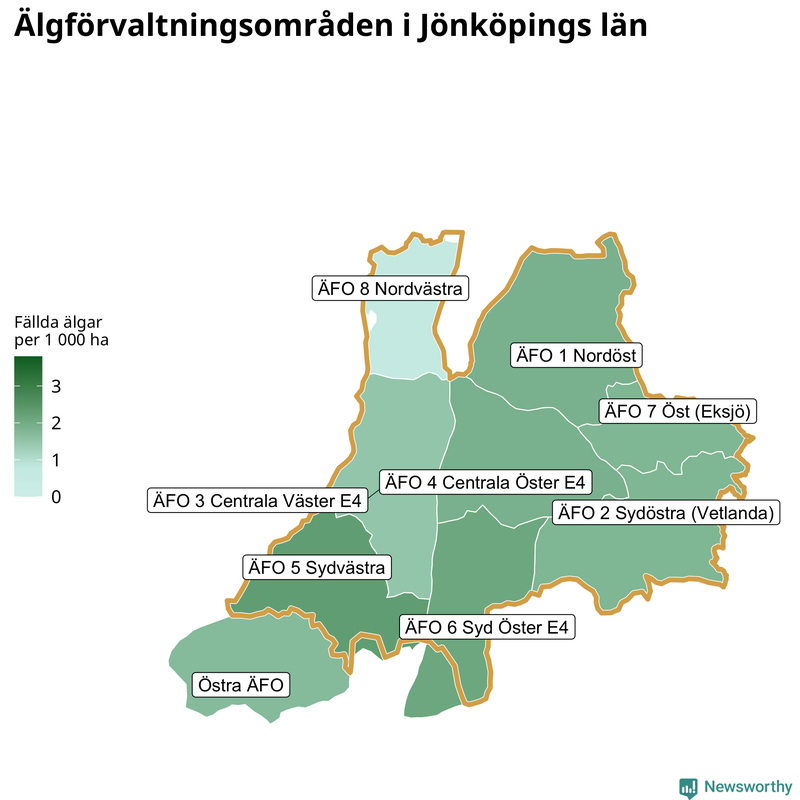 Fällda älgar per 1&nbsp;000 hektar Jönköpings län