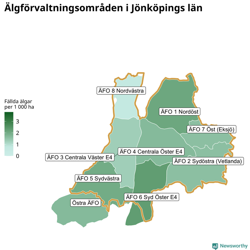Fällda älgar per 1 000 hektar Jönköpings län
