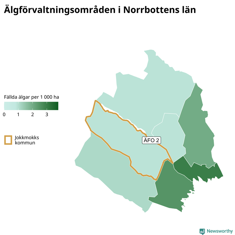 Fällda älgar per 1&nbsp;000 hektar Norrbottens län