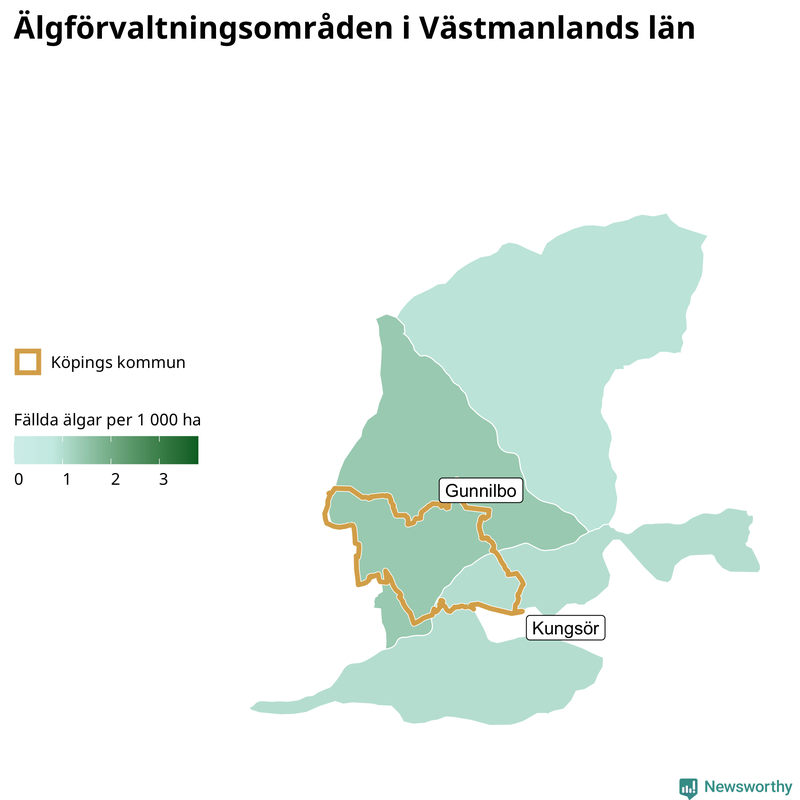 Fällda älgar per 1 000 hektar Västmanlands län