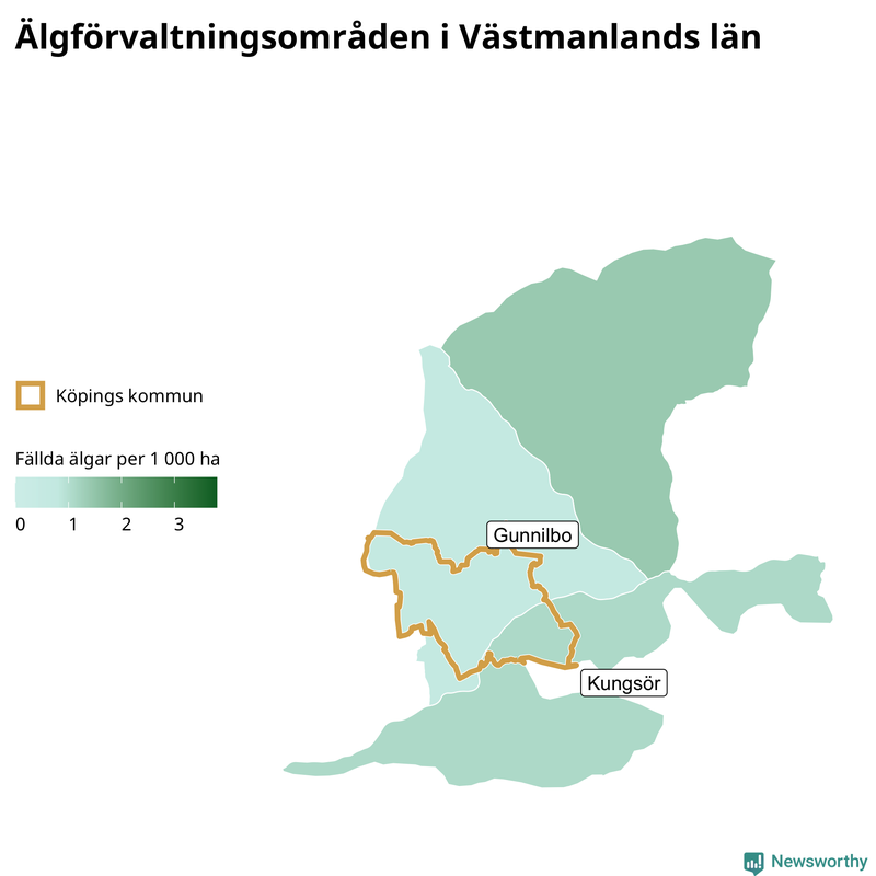 Fällda älgar per 1&nbsp;000 hektar Västmanlands län