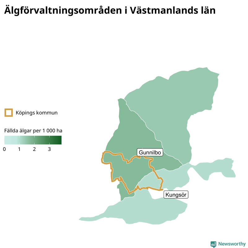 Fällda älgar per 1 000 hektar Västmanlands län
