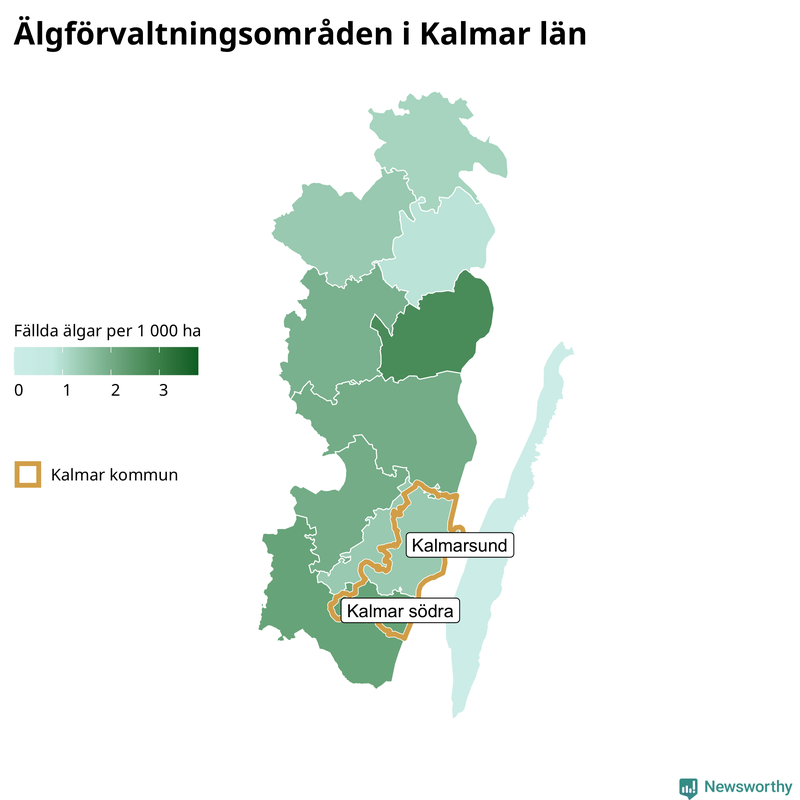 Fällda älgar per 1&nbsp;000 hektar Kalmar län