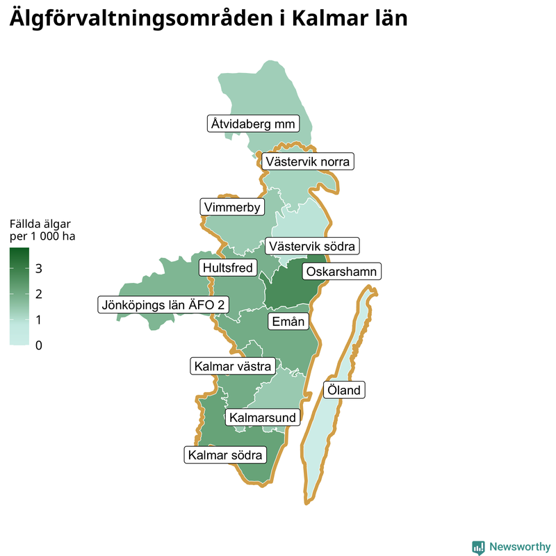 Fällda älgar per 1&nbsp;000 hektar Kalmar län