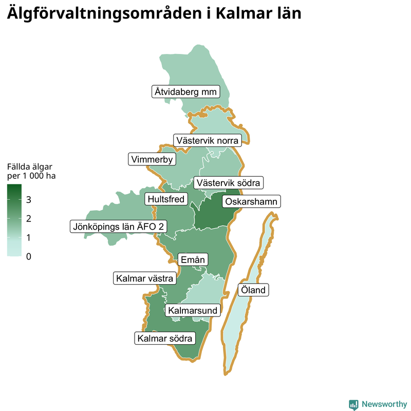 Fällda älgar per 1 000 hektar Kalmar län