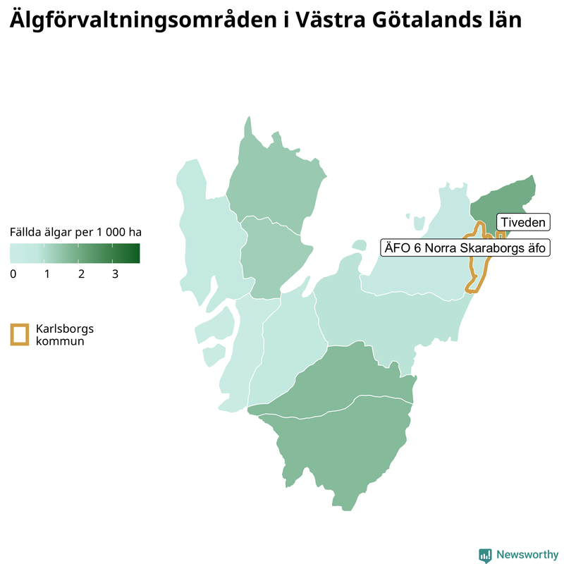 Fällda älgar per 1&nbsp;000 hektar Västra Götalands län