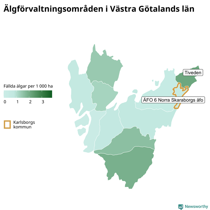 Fällda älgar per 1&nbsp;000 hektar Västra Götalands län