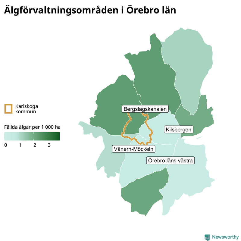Fällda älgar per 1&nbsp;000 hektar Örebro län