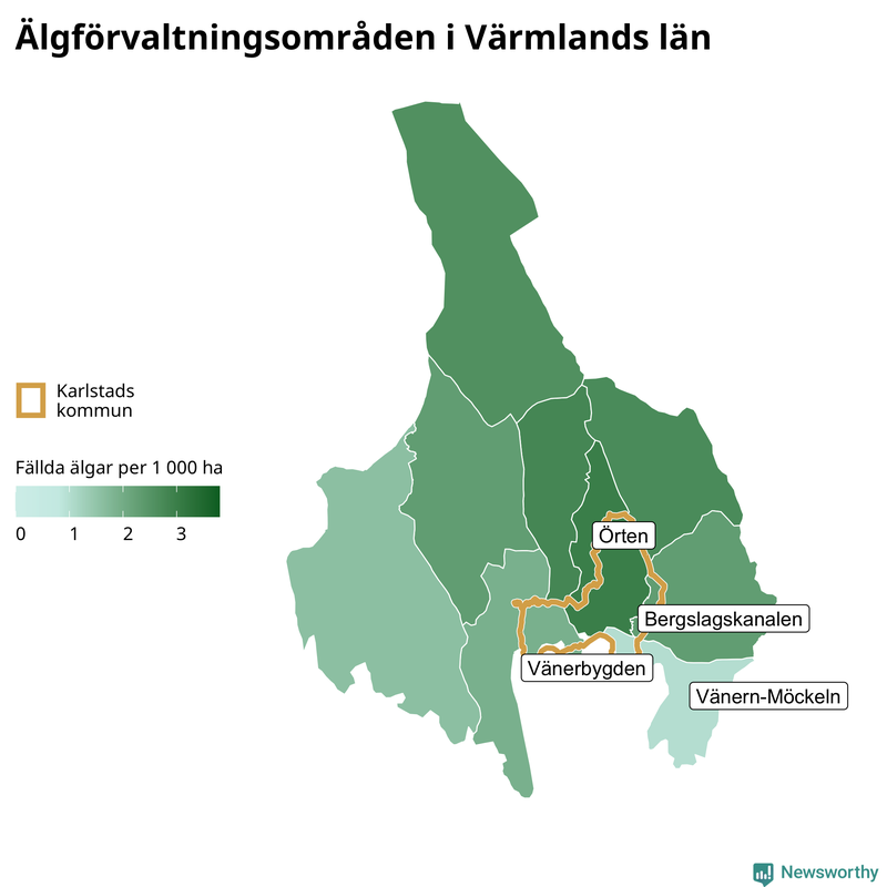 Fällda älgar per 1&nbsp;000 hektar Värmlands län