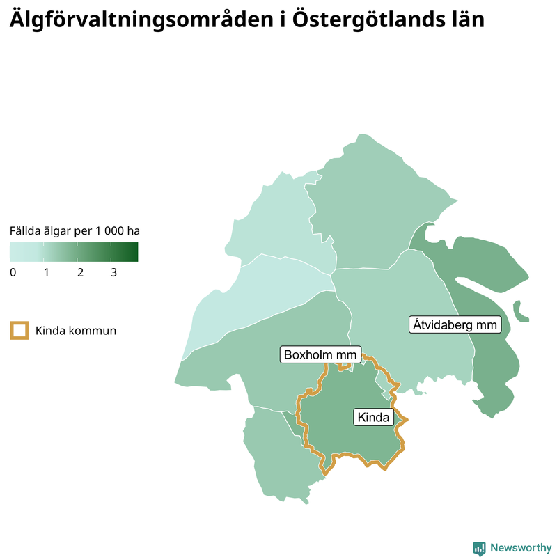 Fällda älgar per 1&nbsp;000 hektar Östergötlands län