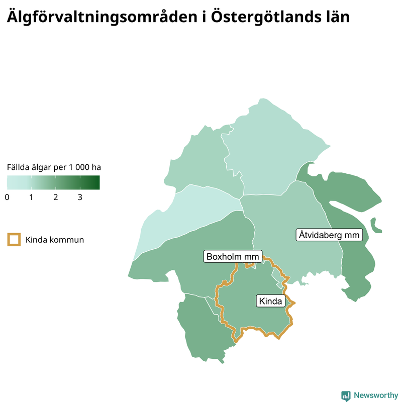 Fällda älgar per 1 000 hektar Östergötlands län