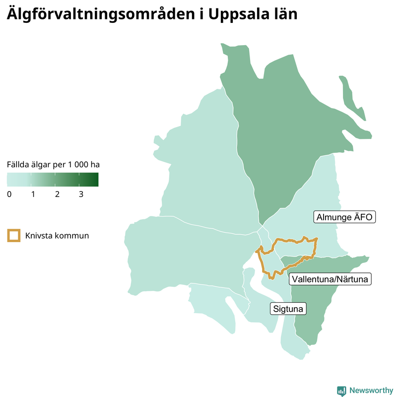 Fällda älgar per 1 000 hektar Uppsala län