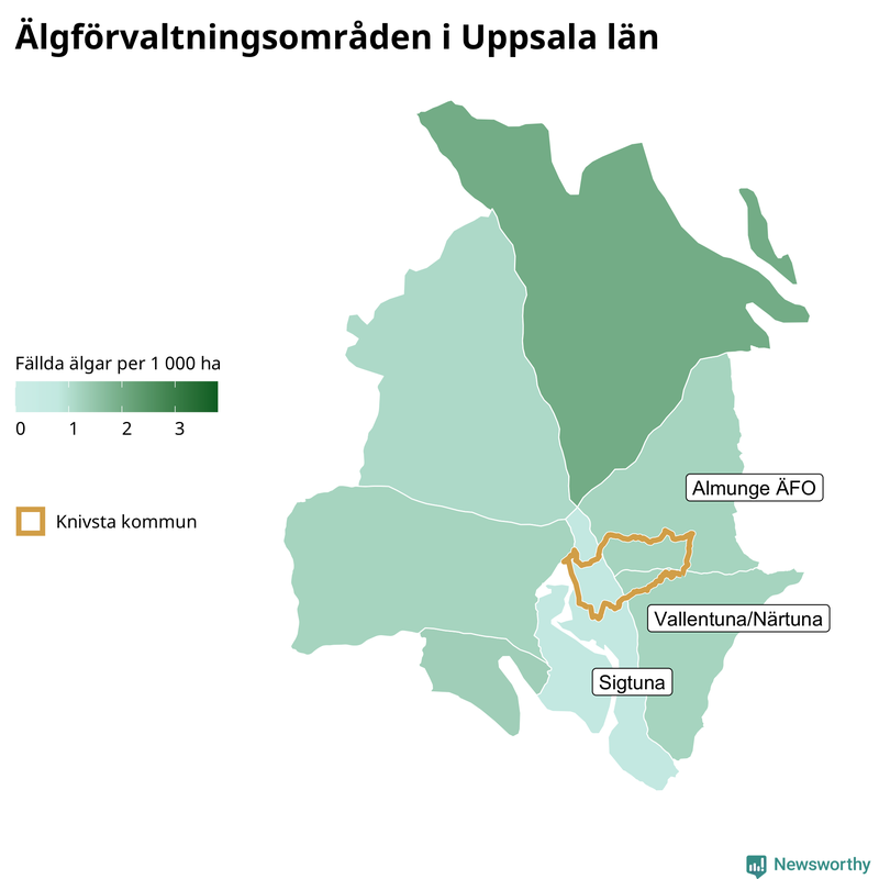Fällda älgar per 1&nbsp;000 hektar Uppsala län