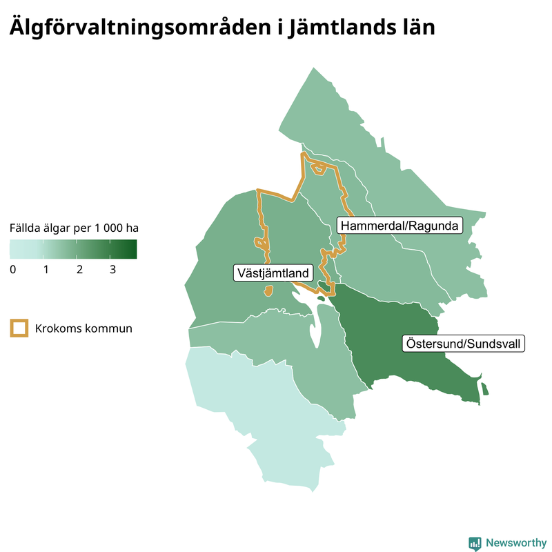 Fällda älgar per 1 000 hektar Jämtlands län