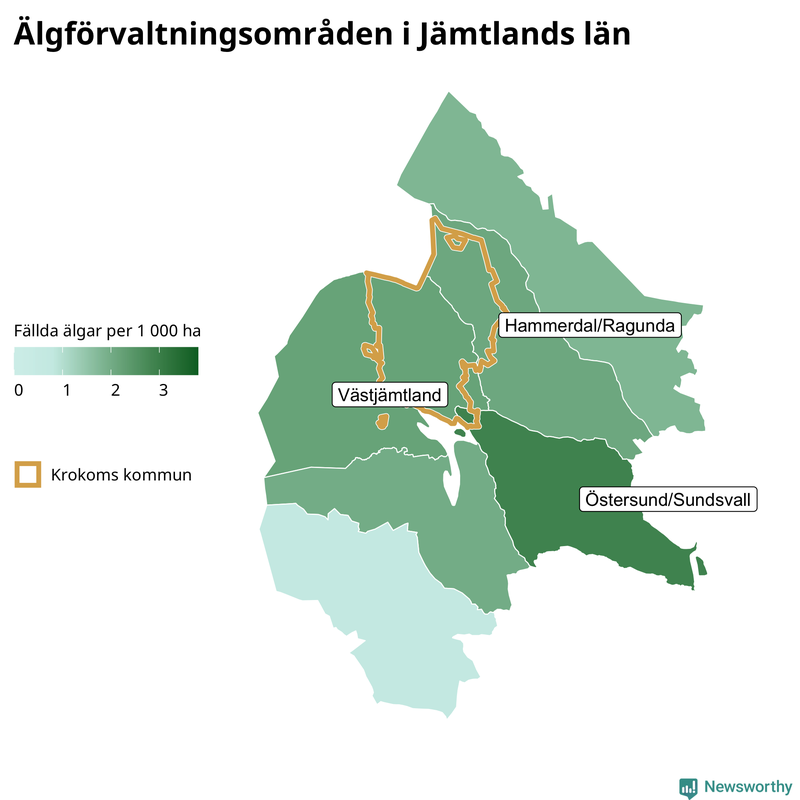 Fällda älgar per 1 000 hektar Jämtlands län